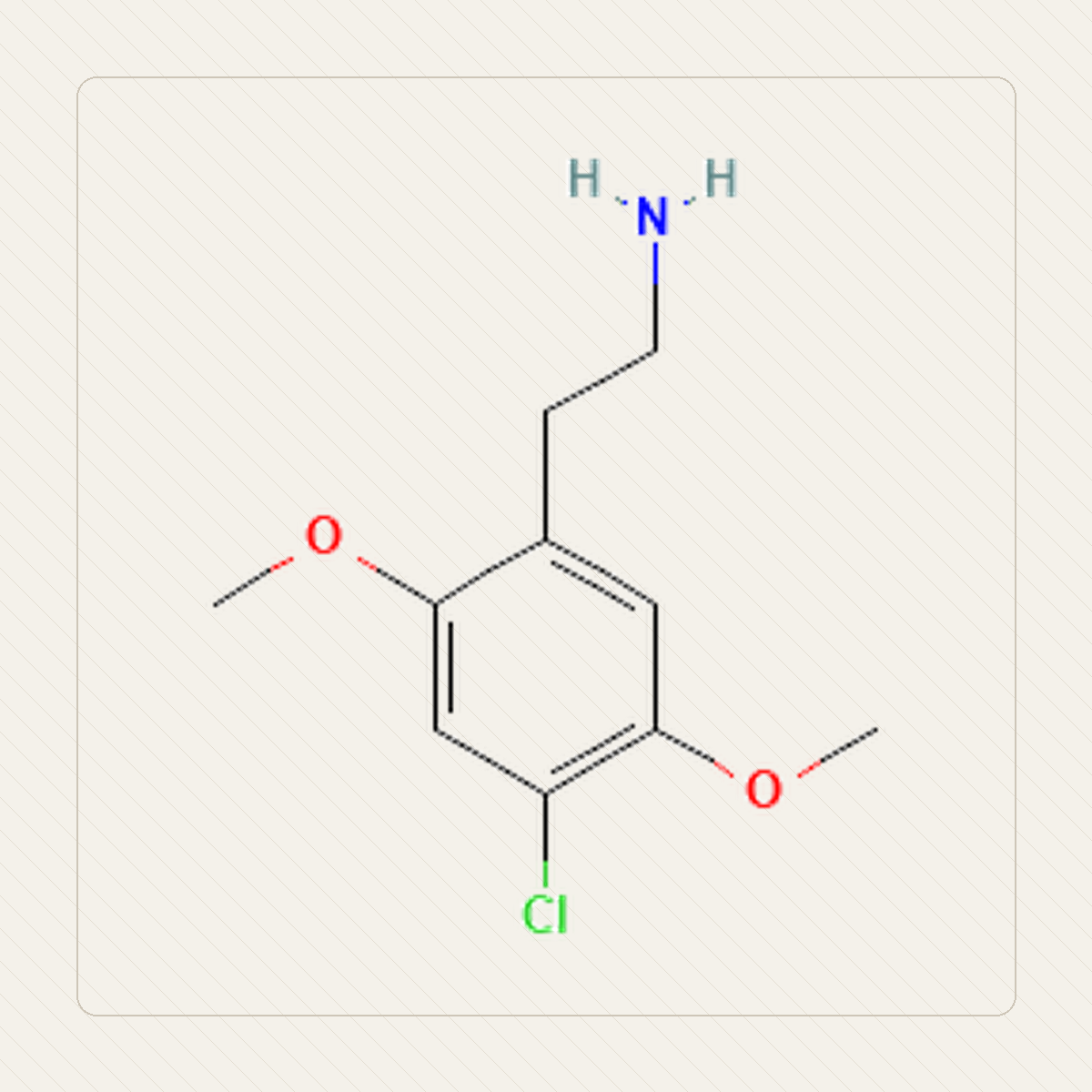 2C-C 2,5-dimetoksy-4-chlorofenetyloamina, illustrazione didattica della struttura molecolare