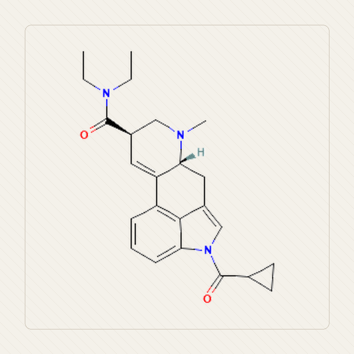 1cP-LSD 1-cyclopropionylo-LSD, illustrazione didattica della struttura molecolare
