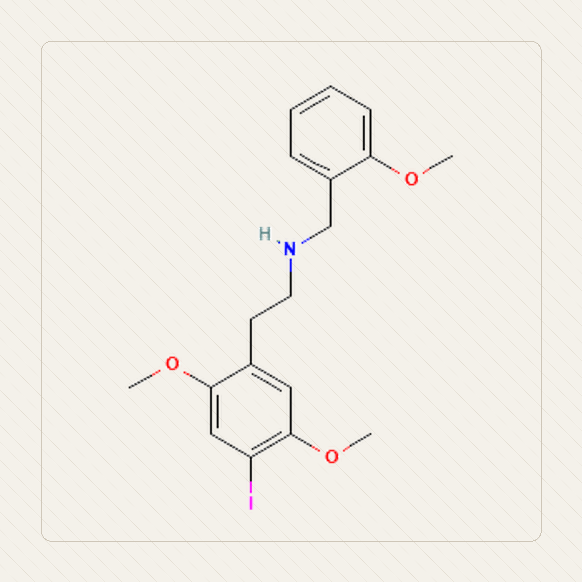 25I-NBOMe 2C-I-NBOMe, illustrazione didattica della struttura molecolare